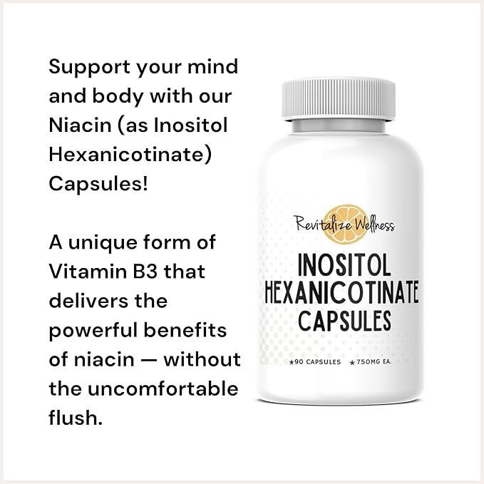 Niacin Capsules as Inositol Hexanicotinate | Gentle Slow Release Form of B3 that Supports Heart Health Energy and Mental Health B3 | No Flush Niacin Alternative | 90 Servings