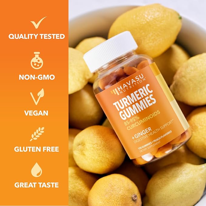 Turmeric Gummies with Ginger Root Extract - Digestive Health and Immune Support Supplement for Overall Wellness - 120 Count - Vegan Non-GMO Curcumin Vitamin - Peach Flavor 2 Month Supply