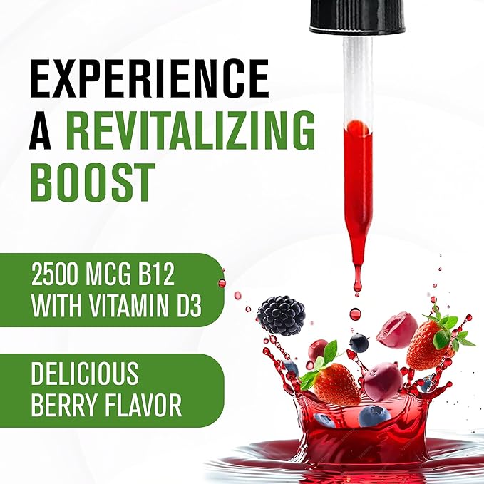NaturalSlim Liquid B12 Vitamins with Vitamin D - Metab-12 Methylcobalamin 2500 mcg B12 Sublingual Drops for Metabolism Energy &amp Immune Support - Berry Flavor 1 fl oz