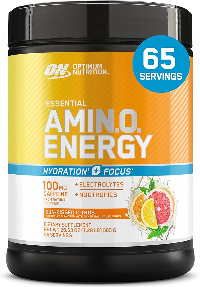 Optimum Nutrition Amino Energy Powder Plus Focus with BCAA Electrolytes and Caffeine Sunkissed Citrus 65 Servings (Packaging May Vary)