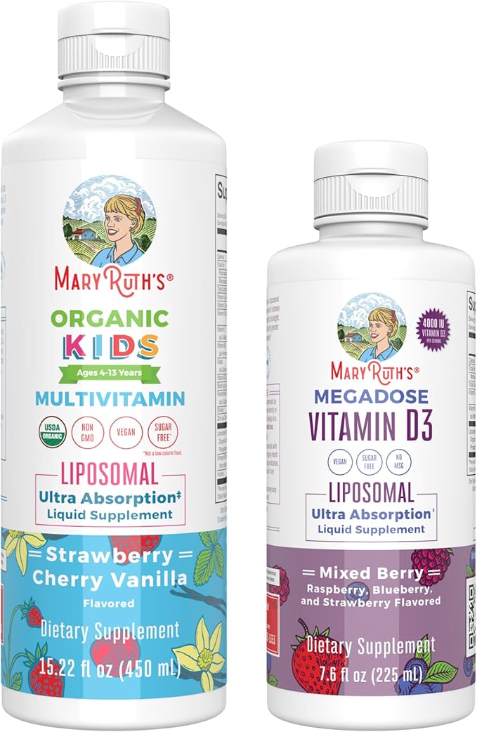 MaryRuth Organics Kids Multivitamin Liposomal (Strawberry Cherry &amp Vanilla) &amp Vitamin D3 Liposomal (Mixed Berry) Clean Label Project Verified® Vitamins for Immunity &amp Overall Wellness Veg