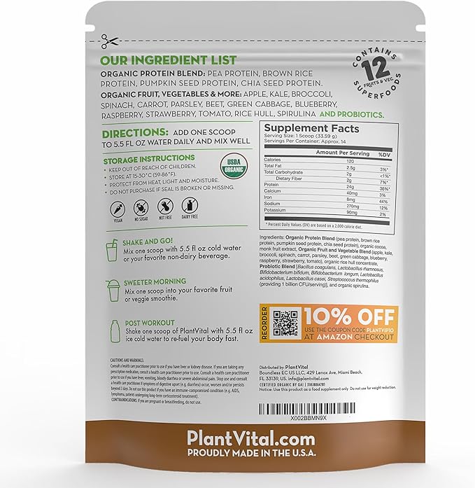 Plantvital Vegan Protein Powder Plant Based Organic Protein Powder Chocolate 24g/0g Sugar 12 Superfoods Veggies Probiotics Raw Cocoa Kale Beets Spirulina Pea Gluten-Free Keto-Friendly32oz