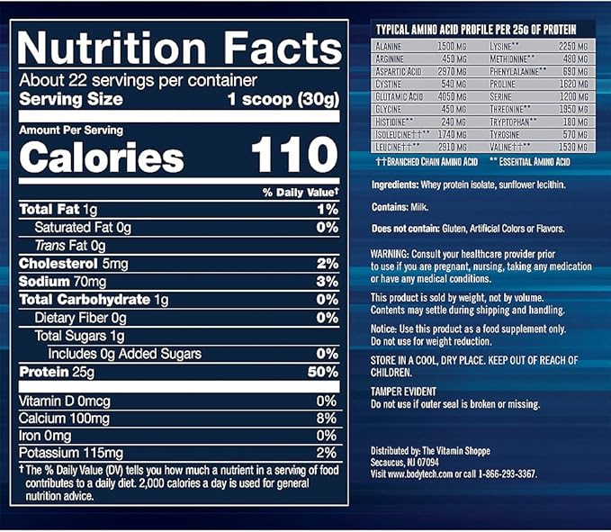 BodyTech Whey Protein Isolate Powder - 25g Protein per Serving with BCAAs - Fast-Absorbing for Muscle Growth &amp Recovery - Unflavored (1.5 lb 22 Servings)