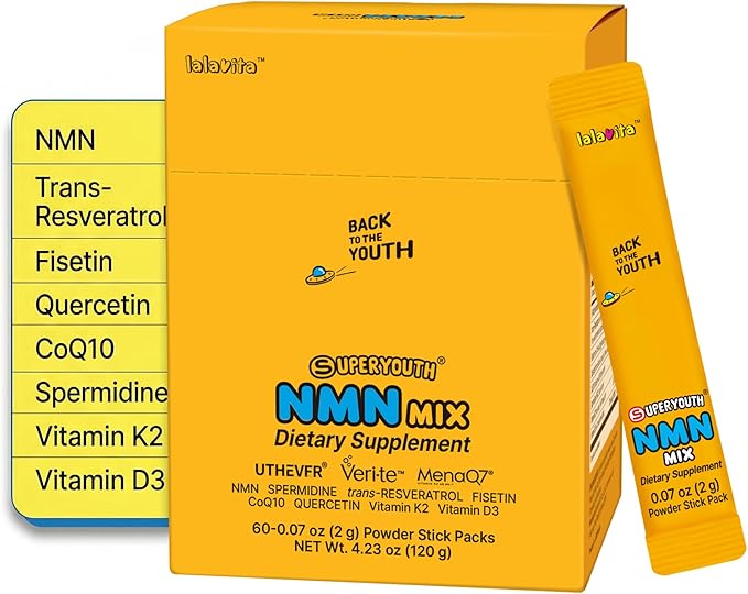 SuperYouth NMN Mix Powder Supplement 8-in-1 60 Stick Packs 2g per Pack Longevity Formula with Resveratrol Fisetin CoQ10 Quercetin Spermidine Natural Lemon Flavor 4.23 oz Total