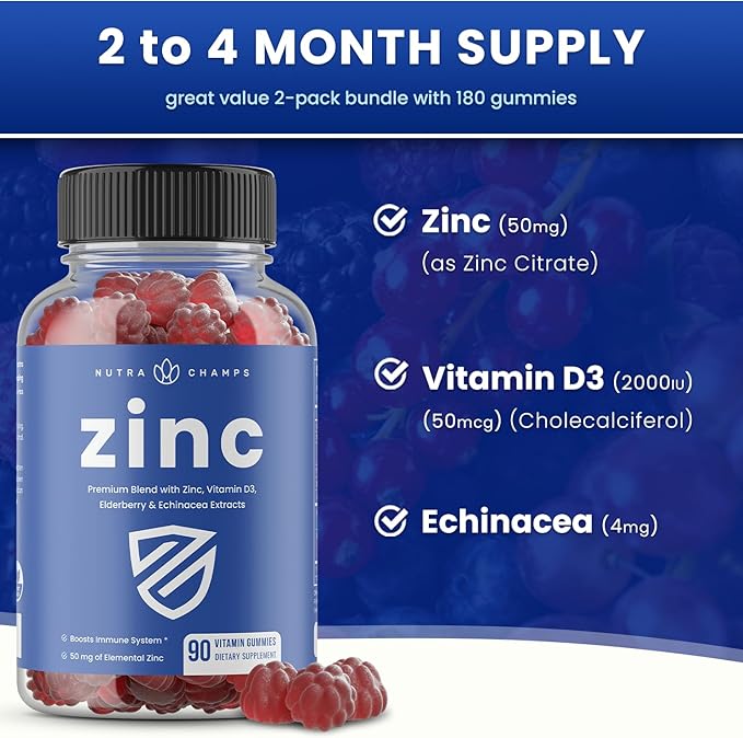 NutraChamps 4-in-1 Zinc Gummies 50mg Chewable Zinc Supplement Gummies with Vitamin D3 2000 IU Elderberry &amp Echinacea Immune Heart &amp Brain Support 180 Count (Pack of 2)