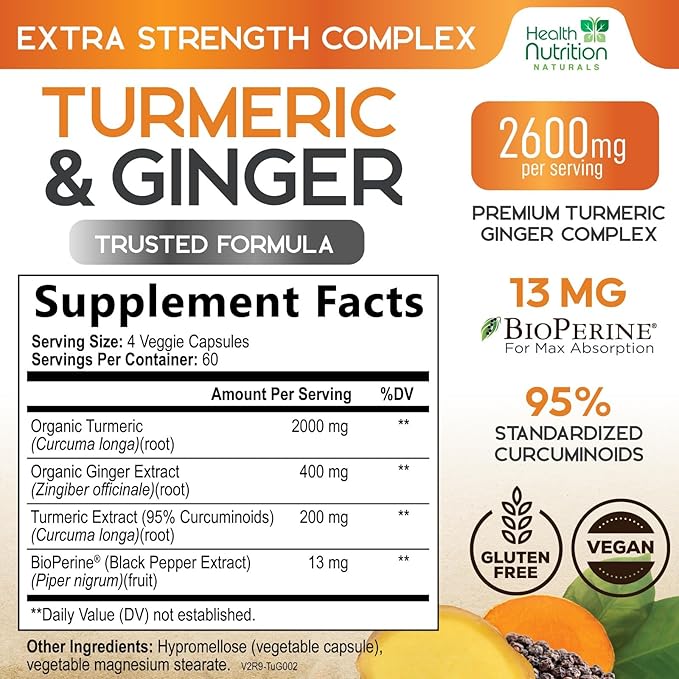 Turmeric Curcumin Supplement - 2000mg Organic Turmeric &amp 400mg Organic Ginger per Serving - 95% Curcuminoids &amp BioPerine Black Pepper for Best Absorption &amp Joint Support Bottled in USA -