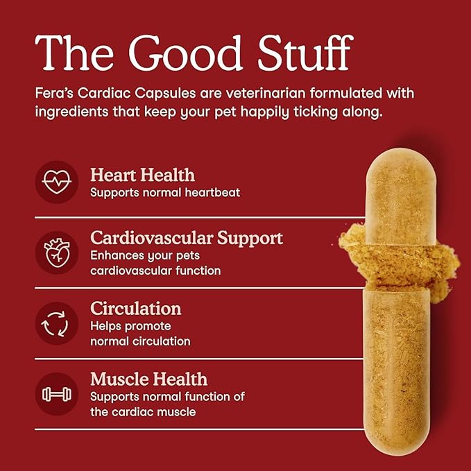 Fera Pets Cardiac Support - Cat &amp Dog Heart Supplement with Taurine L-Carnitine &amp CoQ10 - Promotes Normal Circulation and Heartbeat - 120 Capsules