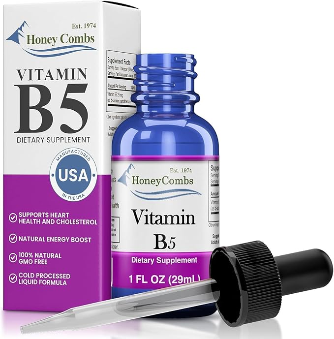 HoneyCombs Vitamin B5 Liquid Drops Pantothenic Acid 500% DV Liquid B5 Supplement Vegan Vitamin B Complex Liquid Fast Absorbing Vitamin Drops Daily Nutritional Support for Adults 1oz