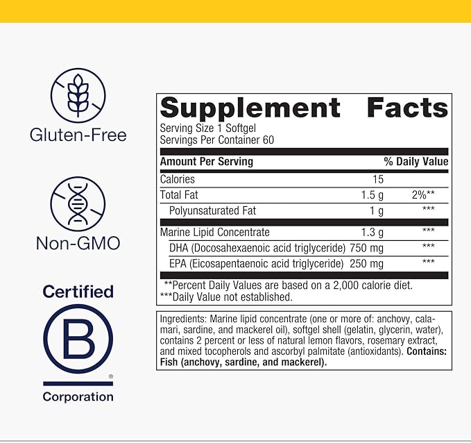 Metagenics OmegaGenics Fish Oil Neuro 1000 mg Omega Supplement for Brain Health &amp Function* - 750 mg DHA &amp 250 mg EPA - with No Fishy Taste - Sustainably Sourced - Non-GMO &amp Gluten-Free -