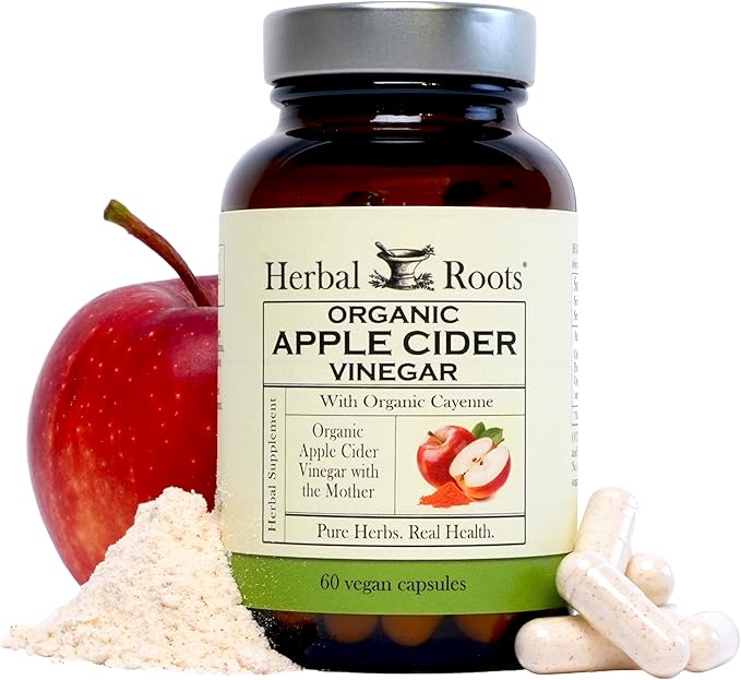 Herbal Roots Organic Apple Cider Vinegar Capsules with Mother and Organic Cayenne | 650 mg | 60 Vegan Capsules