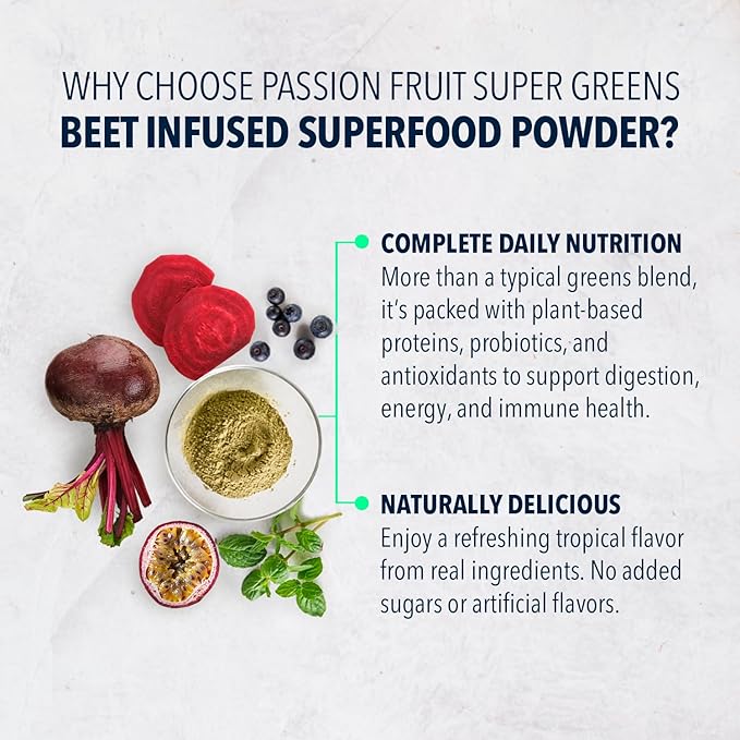 Super Greens Beet Infused Superfood Powder – Organic Green Superfoods Protein Antioxidants &amp Probiotics Supports Healthy Blood Pressure Digestion &amp Energy Boost – (Passion Fruit 30 Servin