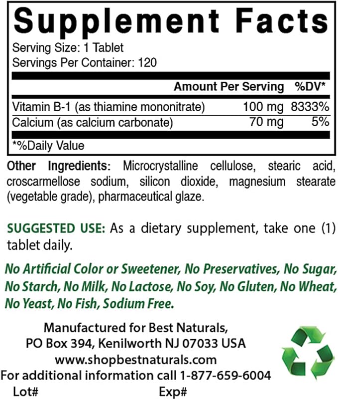 Best Naturals Vitamin B1 as Thiamine Mononitrate 100 mg &amp Folic Acid 1000 mcg