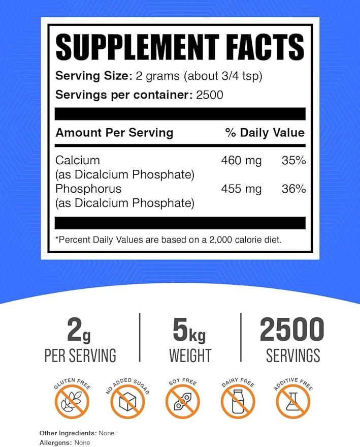 BulkSupplements.com Dicalcium Phosphate Powder - Calcium Supplement Dicalcium Phosphate as Leavening Agent - Unflavored &amp Gluten Free 2000mg per Serving 5kg (11 lbs) (Pack of 5)