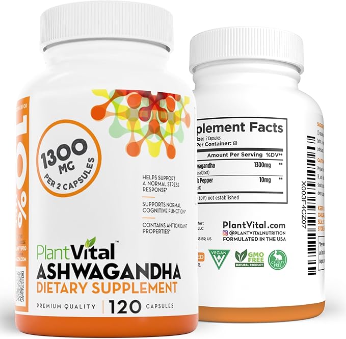 Plantvital Organic Ashwagandha Capsules with Black Pepper 1300mg - 120 Vegan Capsules for Normal Stress Response Normal Sleep and Energy - Non-GMO Gluten-Free Made in USA