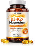 Vitamin D3 K2 Magnesium Bone &amp Muscle Support 10000 IU D3 with 200 mcg K2 MK-7 Magnesium Glycinate &amp Zinc Citrate 300 Softgels