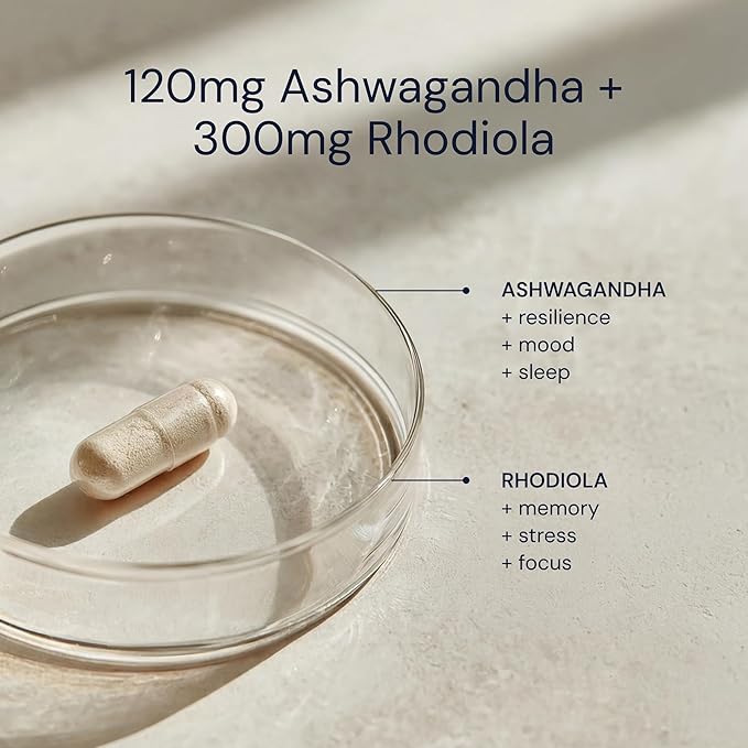 Blueprint Bryan Johnson Ashwagandha &amp Rhodiola Supplement – 120mg Ashwagandha + Rhodiola Root – Daily Adaptogen Capsules for Stress Support Mood Balance Energy &amp Focus – 30 Vegan Capsules