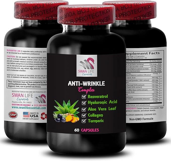 Alpha Lipoic Acid - Anti-Wrinkle Complex - Collagen Care Lycopene Green Coffee Bean L-Glutathione Aloe Vera Grape Seed Turmeric Hydration Solution Skin Texture 3 Bottles 180 Capsules