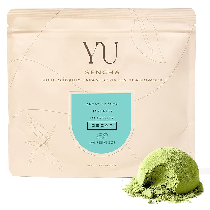Yu Tea Decaf Organic Sencha Green Tea Powder 100 Servings | Rich in Antioxidants EGCG &amp L-Theanine | Pure Japanese First Harvest Leaf | Caffeine-Free &amp Unsweetened | Resealable Pouch 2.65