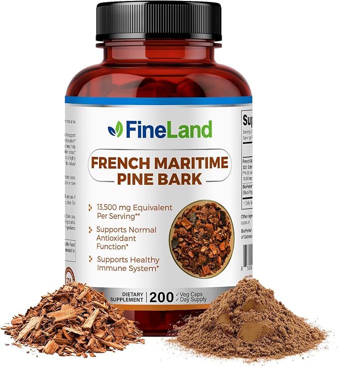 FineLand French Maritime Pine Bark 30:1 Extract Max Strength 450 mg Per Capsule Antioxidant 200 Veggie Caps of Pine Bark Supplement for 200 Days 100% Natural