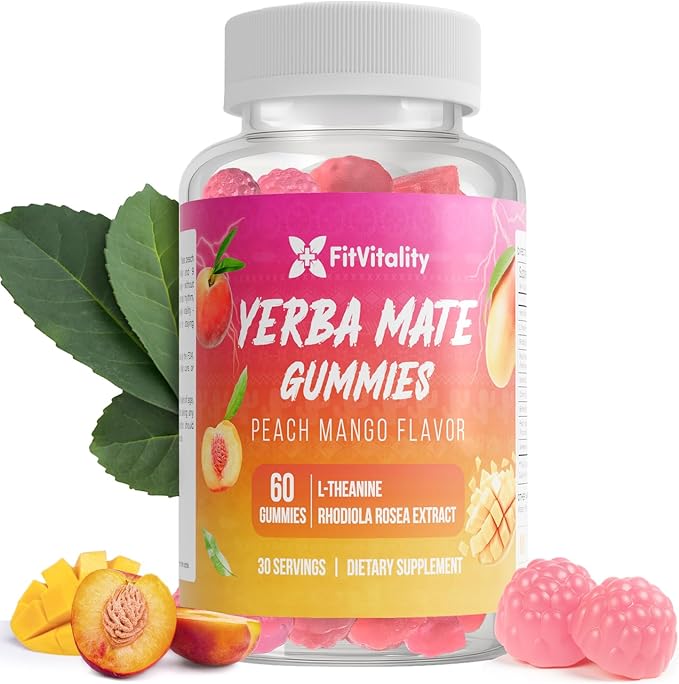 60 Yerba Mate Gummies - Formulated with L-Theanine Rhodiola Rosea Ginseng Choline B12 – Peach Mango Flavor – Vegan Gluten-Free Non-GMO