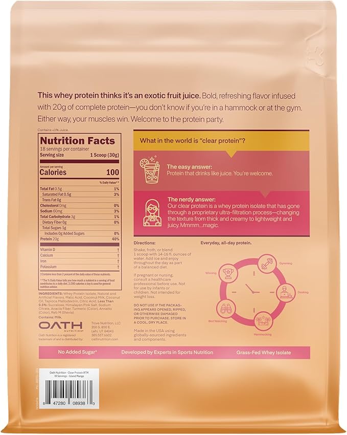 Oath Nutrition Clear Whey Isolate Protein Powder Island Mango 20g Complete Protein per Serving No Added Sugar Grass-Fed 18 Servings