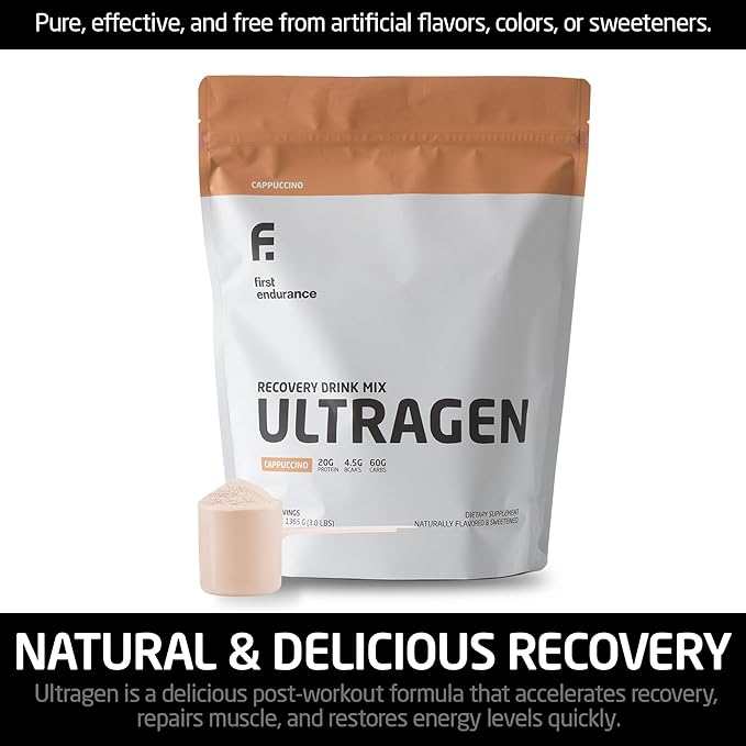 FIRST ENDURANCE Ultragen Workout Recovery Drink Powder Protein Mix Boosts Energy Accelerates Recovery | Cappuccino 15 Servings