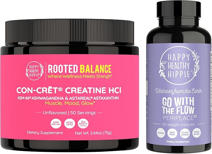 Happy Healthy Hippie PeriPeace Supplements for Women &amp Creatine HCl Powder with KSM-66 Ashwagandha