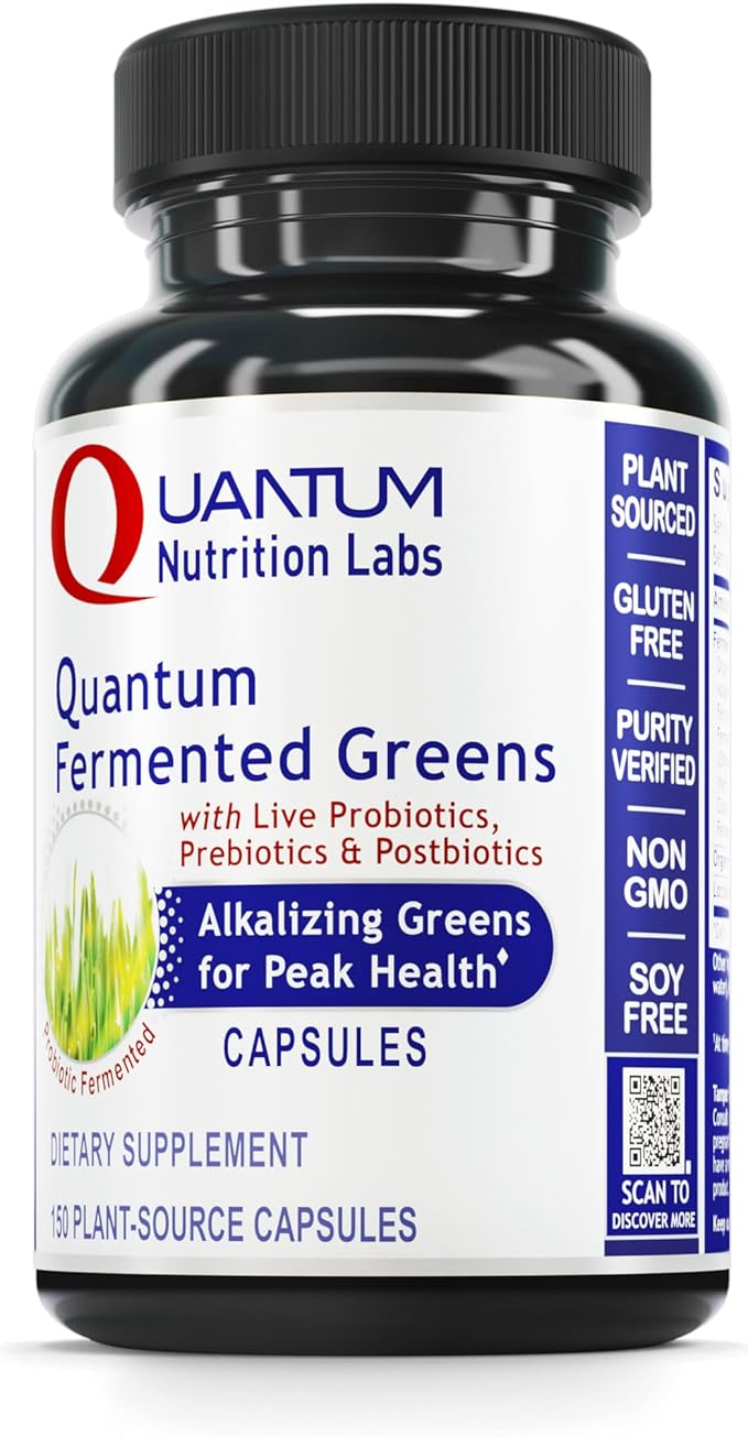 Quantum Nutrition Labs Quantum Fermented Greens- Super Greens Supplement Superfood Blend Organic Vitamins with Probiotic - Daily Greens with Spinach Chlorella and More - 150 Powder Filled Capsules