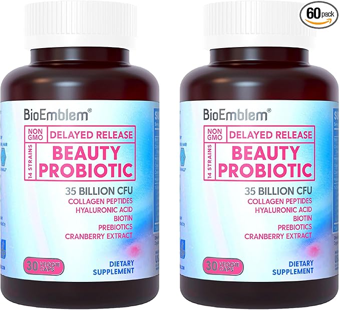BioEmblem Beauty Probiotics for Women 35 Billion CFU 14 Strains with Biotin Collagen Prebiotics for Digestive Health Hair Skin and Nails Vaginal Probiotics Supplement Shelf Stable 60 Caps