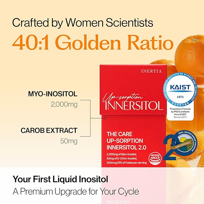 INERTIA+ The Care Up-sorption INNERSITOL Ready-to-Drink Inositol Supplement for Women 40:1 Myo &amp D-Chiro Inositol Hormone Balance &amp Ovarian Function Support Folic Acid Orange Flavor (14 St
