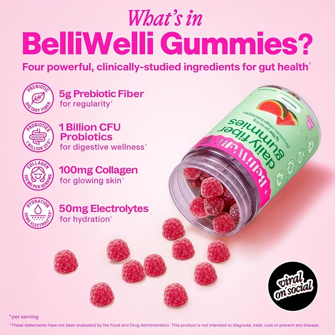 Belli Welli Fiber 4-in-1 Fiber Gummies Supplement with Added Probiotics Collagen and Electrolytes for Regularity and Bloat Relief Watermelon 120 Count