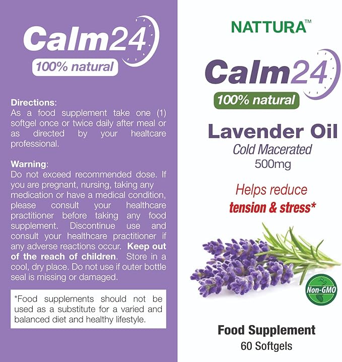 Nattura Calm Aid Lavender Oil Pills - 500mg - 60 Softgels - 100% Natural Helps Reduce Stress Calming for Body &amp Mind Non-GMO Certified Kosher