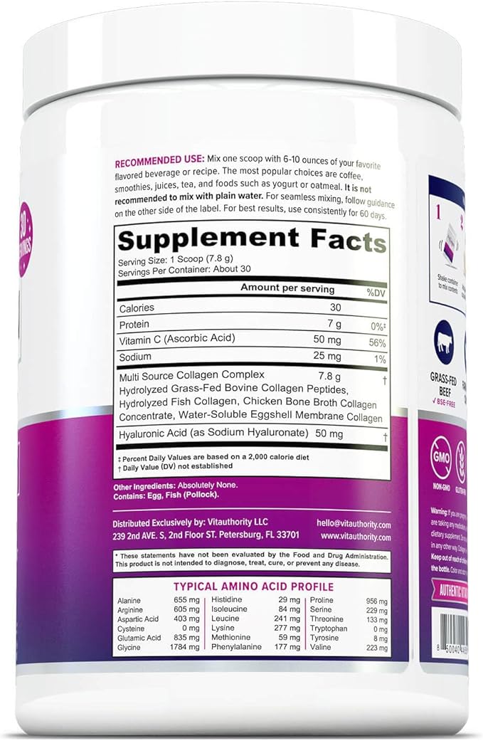 Multi Collagen Peptides Powder for Women - Hydrolyzed Unflavored Collagen Powder for Women with Types I II III V &amp X plus Vitamin C &amp Hyaluronic Acid for Beautiful Hair Skin and Nails - 30 Ser