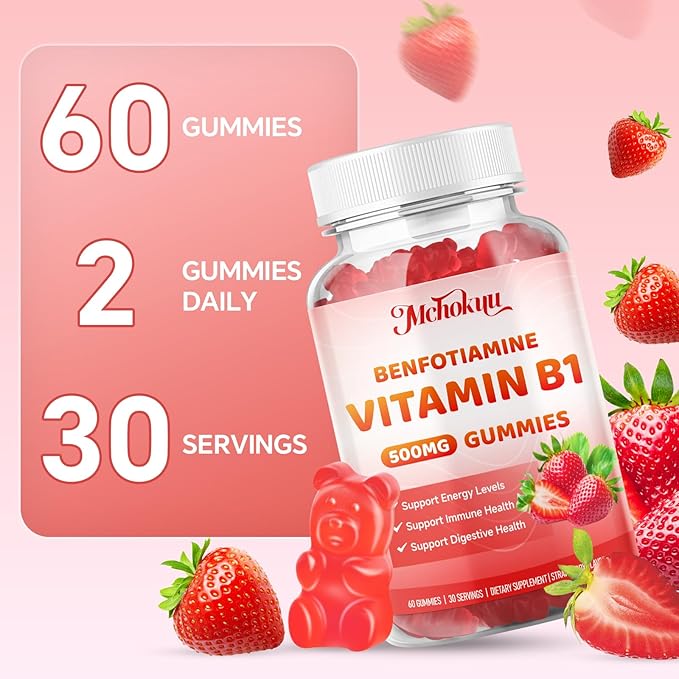 Vitamin B1 Gummies 500mg with Benfotiamine | High Potency Thiamine Supplement for Women &amp Men Energy Support | Sugar Free Vegan Non-GMO | Natural Strawberry Flavor 120 Count