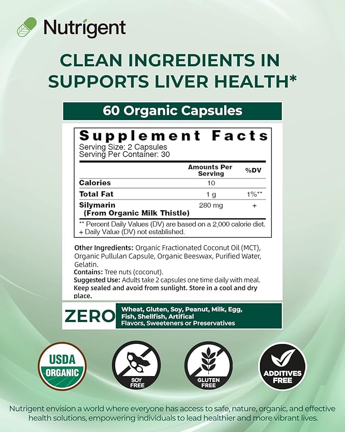 USDA Organic Milk Thistle Supplement Silymarin Supplement 280 mg Liquid Organic Capsules Liver Health &amp Detox Support Non-GMO 60 Count