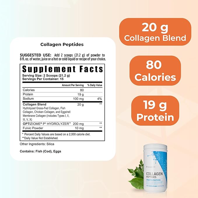 Youngevity Multi-Collagen Peptides Powder with Fulvic Powder – Hydrolyzed Grass-Fed Marine Chicken &amp Eggshell Membrane Collagen – Hair Skin Nails Bone Bone Support – I II III V X – 11.4