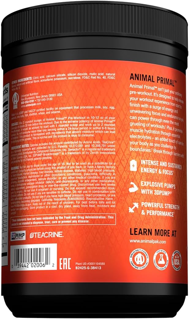 Animal Primal Muscle Hydration + Preworkout Powder – Contains Beta Alanine 3DPump Caffeine &amp Electrolytes – Improves Energy Focus Endurance &amp Absorption – New Blood Orange Flavor 17.7 oz