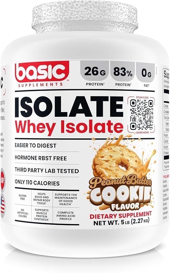 Basic Whey Protein Isolate 26g Protein 0g Fat Gluten-Free RBST-Free Rapid Absorption 110 Calories (5 Pound Peanut Butter Cookie)