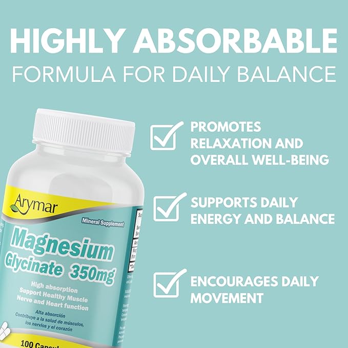 Arymar Magnesium Glycinate 350mg – 100 Capsules (3 Pack)