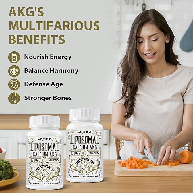 Liposomal Calcium AKG Supplement 1500 MG (Alpha-Ketoglutaric Acid) More Effective Than AAKG Ca AKG for Longevity Age Defense Cellular Energy Metabolic Function 60 Softgels