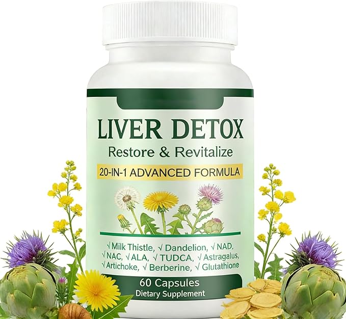 Liver Support Capsules | 20-in-1 Herbal Formula with Milk Thistle Dandelion Turmeric | Daily Liver Digestive Wellness Supplement | Non-GMO Gluten-Free | 60 Capsules