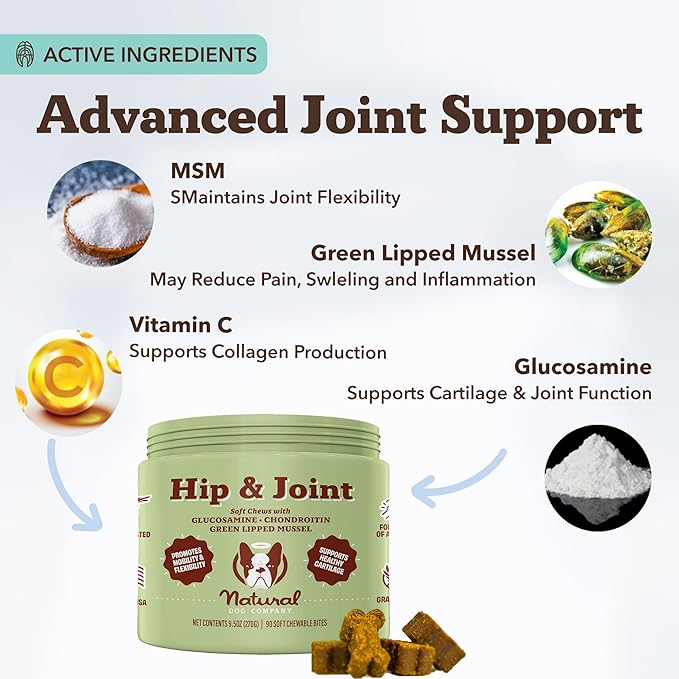 Natural Dog Company Hip &amp Joint Supplement Chew for Dogs – Supports Mobility Flexibility &amp Comfort Glucosamine Chondroitin MSM &amp Turmeric Chicken Flavor 90 Count