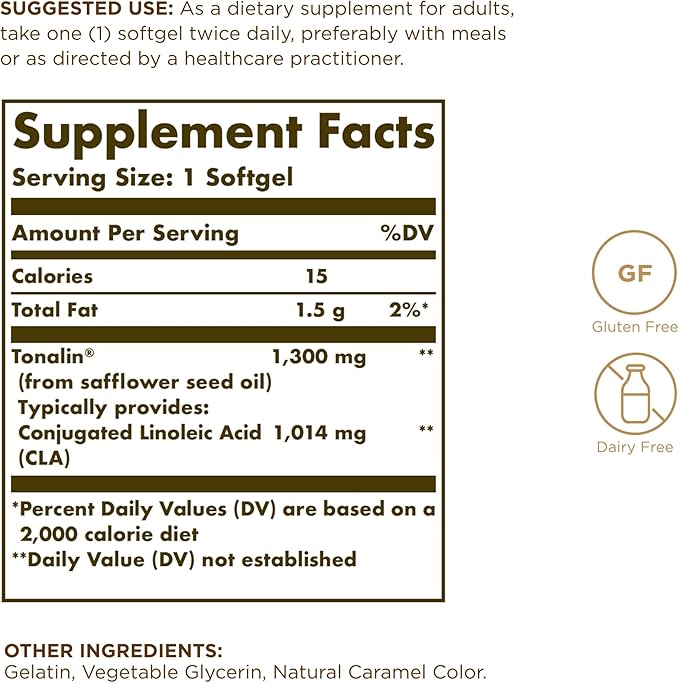 Solgar Tonalin CLA 1300 mg - 60 Softgels - Conjugated Linoleic Acid - Non-GMO Gluten Free Dairy Free - 60 Servings