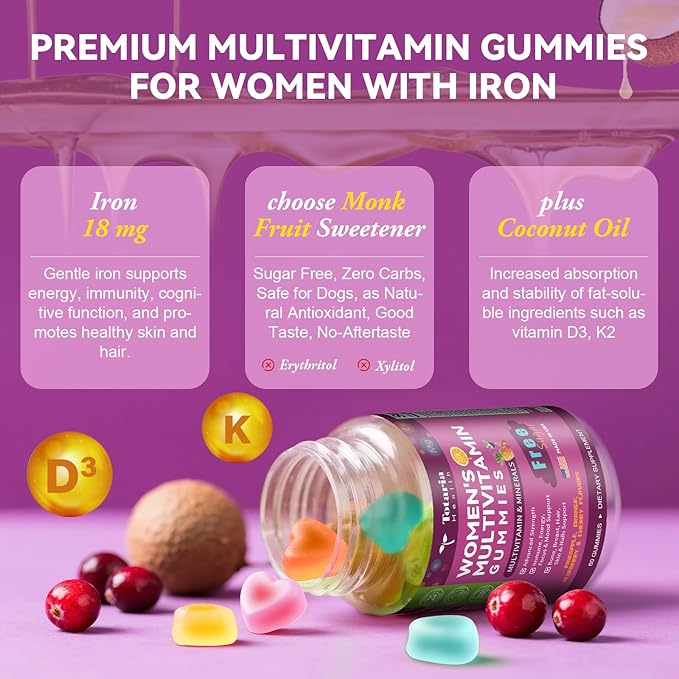 Totaria 2PCS Sugar Free Womens Multivitamin Gummies with Iron Women's Multivitamin w/Vitamins C D3 K2 B12 Filled Gummies for Daily Nutritional Support| Immune Support| Skin Health Mixed Flavors