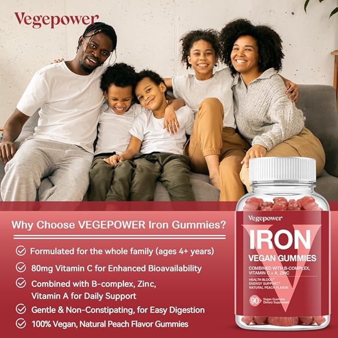 Vegan Iron Gummies + Iron Bisglycinate 30MG | Vegan Iron Supplement Support for Blood Healthy &amp Daily Energy for Adults &amp Kids - 180 Count