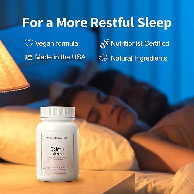 Nourished Natural Health Calm + Sleep – Relaxation &amp Melatonin-Free Sleep Supplement for Women Cortisol Support with Ashwagandha L-Theanine Magnesium &amp Valerian Root – Vegan &amp Non-GMO1