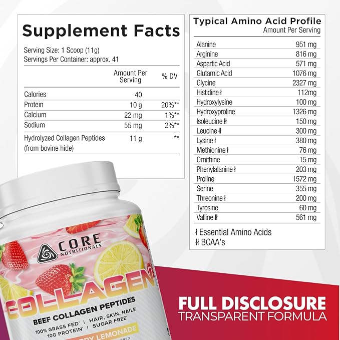 Core Nutritionals Hydrolyzed Collagen Peptides | Type I &amp III from Grass Fed Bovine | Hair Skin &amp Nails | Bone &amp Joint Support | 1 Pound (Peach Mango)