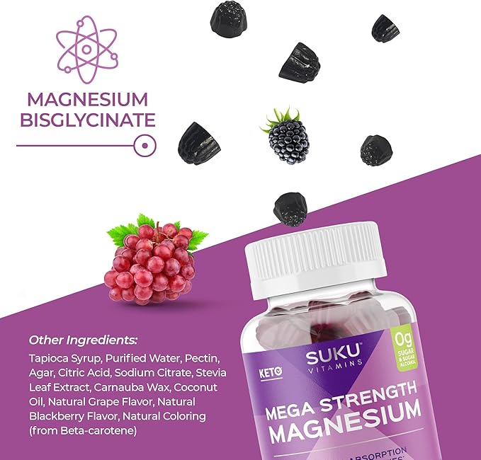 SUKU Vitamins - Mega Strength Magnesium - 177 mg of Magnesium Bisglycinate Gummies for Muscle Function - Easy to Chew - Non GMO Gluten Sugar Free - Grape BlackBerry Flavored Gummy Vitamins (50 Count)