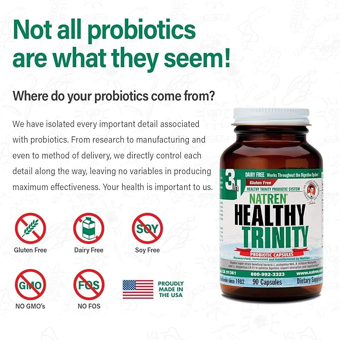 Natren Healthy Trinity Probiotics Supplement - 90 Dairy and Gluten Free Gel Capsules - Improve Gut and Digestive Health 30 Billion CFU - Lactobacillus Acidophilus Bifidobacterium Bulgaricus