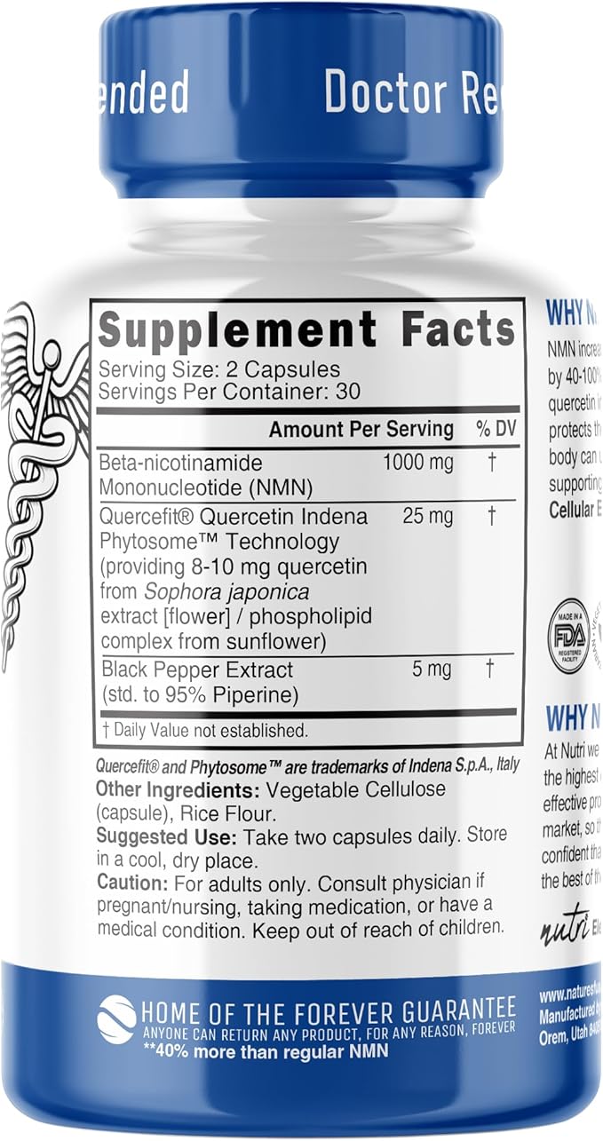 NMN Supplement 1000mg NAD Supplement - Nutri Ultra High Absorption Stabilized NMN Nicotinamide Mononucleotide 40% More NAD+ with Quercetin Phytosome &amp Black Pepper - mnm supplement (60 Capsules)